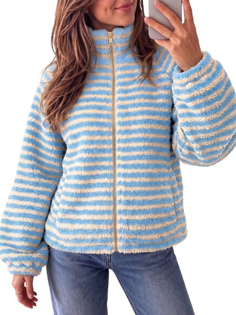Womens Fleece Jacket Zip Up Fuzzy Oversized Sherpa Striped Coat